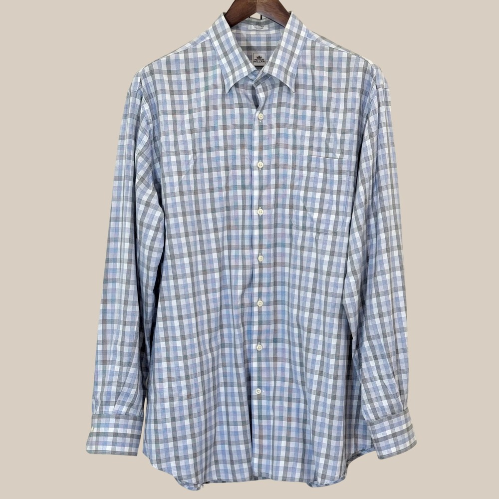 Peter Millar Men's XL Blue Gray Plaid 100% Cotton Long Sleeve Button Down Shirt